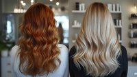 Two women showing long wavy hairstyles from behind - one with copper red hair and one with platinum blonde hair in modern salon setting with soft bokeh lights.