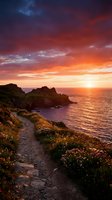Dramatic sunset over coastal cliffs with wildflowers and rocky outcrops along a scenic seaside path, ideal for travel and nature backgrounds.