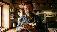 Middle-aged man with dark hair and beard, Mediterranean ethnicity, wearing a chef's apron and denim shirt, proudly displaying freshly prepared pasta dish in rustic kitchen with copper cookware and warm lighting.