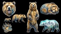 Brown bear head with open mouth showing teeth, standing bear in upright posture, sleeping bear, walking bear cub, bear paw prints, and bear silhouette with mountain forest landscape. Isolated on transparent background, ready for t-shirts, clipart, stickers, and print-on-demand designs.