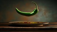Green chili pepper floating above bronze plate with oil on wooden surface, dramatic moody lighting for culinary and food styling projects.
