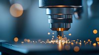 Macro shot of CNC machine drilling metal with bright orange sparks flying in dark blue industrial environment. Precision manufacturing process.