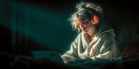 Young woman with headphones using laptop computer in dark room with blue ambient lighting for gaming or streaming content.