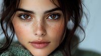 Young Mediterranean woman with natural freckles, brown eyes and dark wavy hair wearing green knit sweater, close up beauty portrait against soft light background.