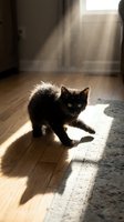 Black cat with striking green eyes walking across wooden floor in sunlit room with dust particles floating through bright window rays, creating atmospheric indoor pet scene.