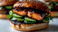 Grilled salmon burger with fresh cucumber slices on brioche bun, glazed with teriyaki sauce and garnished with microgreens, close-up food photography.