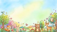 Whimsical woodland scene with cute animals, trees, flowers, and stars on soft pastel background, isolated on white for children's design projects, nursery decor, and educational materials.