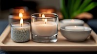 Glowing candles in glass holders on wooden tray create peaceful spa atmosphere with soft illumination and natural elements for wellness and relaxation background.