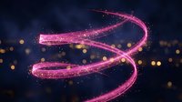 Glowing pink neon spiral ribbon with sparkling particles flowing against dark background with bokeh lights, suitable for tech and digital design projects.
