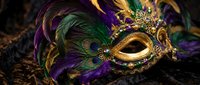 Ornate carnival mask with purple green gold feathers and intricate metallic details for Mardi Gras celebration masquerade ball costume party festive decoration.