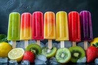 Colorful fruit popsicles with fresh kiwi, strawberry and lemon on ice cubes. Summer frozen treats in rainbow colors arranged in row on dark background.