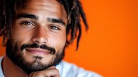 Young African American man with dreadlocks and beard smiling confidently against vibrant orange background, wearing white t-shirt, close-up portrait showing genuine happiness.