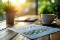Business charts and coffee cup on wooden desk with morning sunlight and green plant, creating peaceful workspace atmosphere for financial analysis.