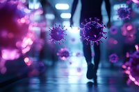 Silhouette of person walking through corridor with floating purple virus particles, dramatic lighting creates mysterious medical atmosphere for healthcare concepts.
