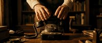 Businessman hands reaching for vintage rotary telephone on wooden desk in classic office setting with warm lighting and books in background.
