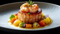 Grilled scallop and shrimp on white plate with colorful fruit sauce garnish and fresh herbs, gourmet seafood dish served with tropical mango and citrus reduction.