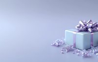 Elegant gift box in mint blue with purple ribbon and bow, surrounded by silver star decorations on soft purple background. Festive holiday composition.