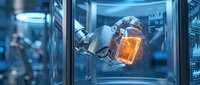 Futuristic robotic arm holding glowing orange cube in high-tech laboratory with blue lighting and advanced scientific equipment for technology research.
