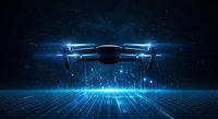 Modern drone hovering over digital grid surface against starry night sky with glowing blue lights and futuristic technology elements for innovation concepts.