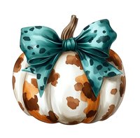 White decorative pumpkin with brown spots and large turquoise polka dot bow on top, watercolor style artwork on isolated background for seasonal decor.