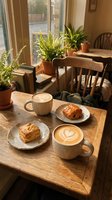 Cozy morning coffee scene with latte art and pastries on wooden table in sunlit cafe interior with houseplants creating warm atmospheric dining experience.