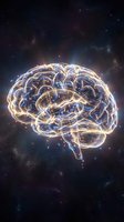 Glowing human brain with electric neural pathways floating in cosmic space with stars and nebula background for science and technology concepts.