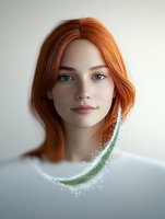 Young woman with natural red hair, freckles and green eyes against light background, magical green sparkle trail effect adds ethereal atmosphere to portrait.
