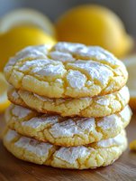 Fresh lemon crinkle cookies stacked with powdered sugar coating and crackled surface, bright yellow color and soft texture on wooden background with citrus.