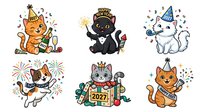 Cartoon cats celebrating with party hats, confetti and festive decorations. Isolated clipart collection featuring orange, white and black kittens in playful poses for birthday, greeting cards and design projects.