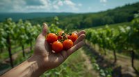 Fresh organic cherry tomatoes on vine held in farmer's hand against blurred vineyard landscape background, perfect for farm-to-table and organic food marketing.