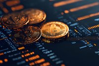 Golden cryptocurrency coins on digital circuit board background with glowing orange data streams, representing digital finance and blockchain technology.