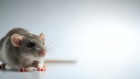 Cute gray and white pet rat with pink nose and ears sitting on clean white surface with copy space for text and design elements.