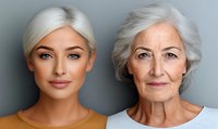 Comparison portrait showing aging process with two female faces - young blonde woman and elderly lady with silver hair against neutral background. Concept of time passage.