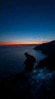 Silhouetted male hiker standing on rocky coastal cliff at twilight, gazing at ocean horizon with migrating birds flying overhead during golden sunset. Perfect for travel and adventure themes.