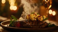 Juicy grilled steak topped with herb butter and garnished with fresh greens on dark plate, steam rising, warm bokeh background creates romantic dining atmosphere.