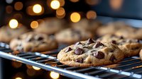 Freshly baked chocolate chip cookies cooling on wire rack with golden bokeh lights in background, creating warm and cozy atmosphere for food photography.