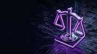 Glowing purple neon scales of justice on digital circuit board background representing legal technology, cyber law, and digital jurisprudence concepts.