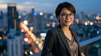 Professional Asian businesswoman with glasses smiling on city rooftop terrace at dusk with urban skyline and bokeh lights background for corporate success.
