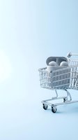 Wireless earbuds and headphones in shopping cart on light blue background, representing consumer electronics retail, online shopping, and tech product purchases.