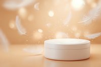 White round podium on peach background with floating feathers and bokeh lights for cosmetic product display or presentation.