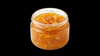 Open glass jar filled with orange marmalade, isolated on transparent background, ready for stickers, print on demand, clipart, and T-shirt design use.