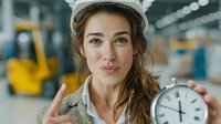Young female warehouse worker in white hard hat holding alarm clock showing time management in industrial facility with forklift background.