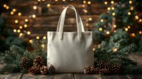 Blank canvas tote bag mockup surrounded by festive pine branches and pinecones with warm bokeh lights for holiday branding and promotional designs.