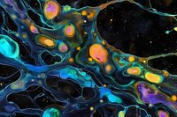 Vibrant fluid art with swirling turquoise, orange and purple paint creating cosmic-like patterns against black background, abstract marbling effect with organic shapes.