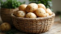Fresh organic potatoes in rustic woven basket on wooden table with soft natural lighting and blurred herbs background, farm to table produce concept.