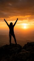Woman silhouette celebrating victory on mountain peak at golden sunset with arms raised showing freedom and achievement concept for motivation.