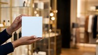 Hands holding blank white box in luxury retail store with golden lighting and shelving display in background.