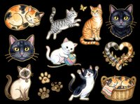 Cute cat sticker sheet with various breeds, poses, and paw prints, isolated on transparent background. Great for t-shirt design, clipart, print on demand, and stickers.