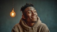 Young African American man in cozy hoodie smiling warmly with glowing light bulb, representing creativity, inspiration and bright ideas for lifestyle content.