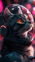 Grey cat in astronaut helmet wearing futuristic headphones against pink bokeh background, glowing amber eyes and detailed fur texture create sci-fi atmosphere.